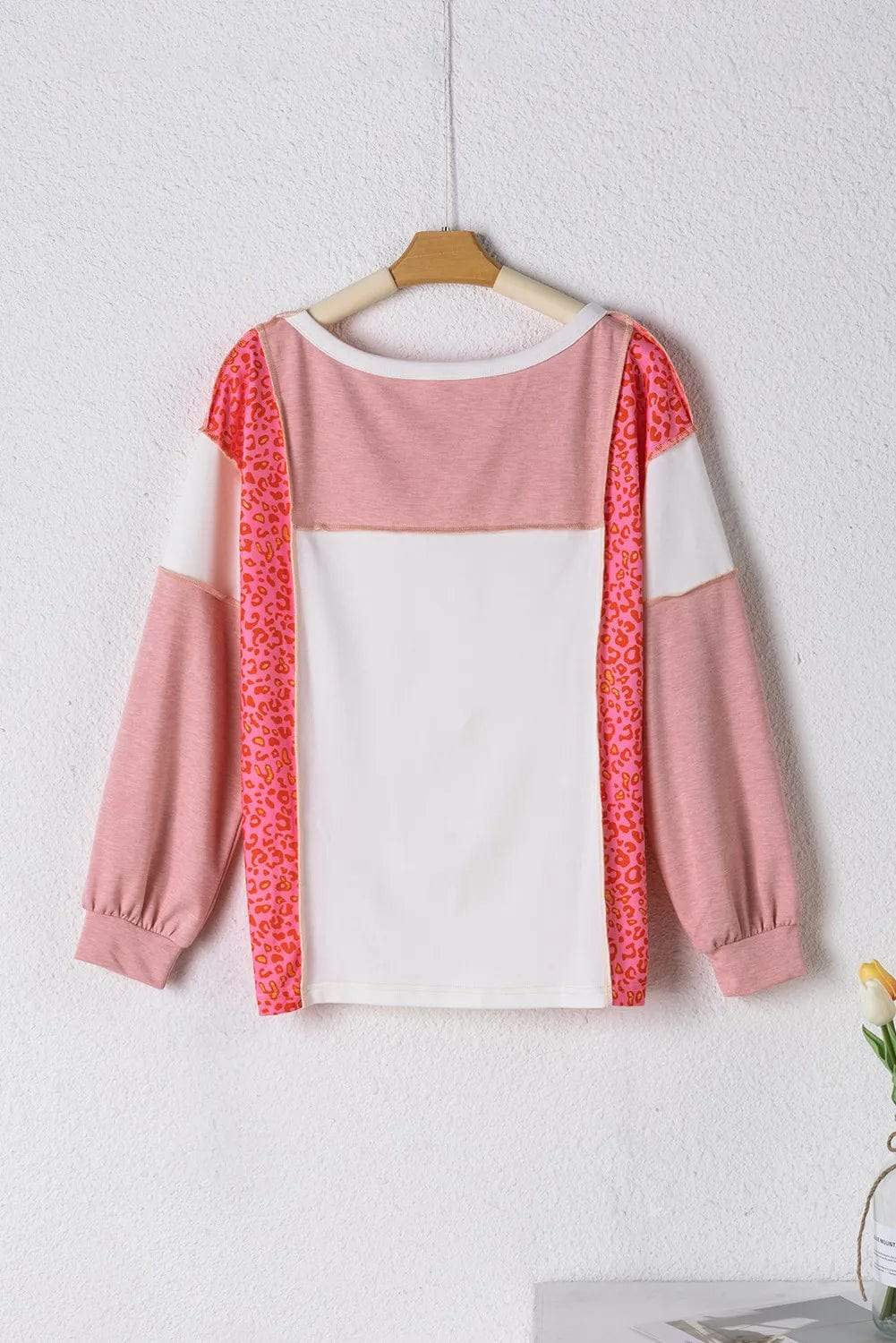 Exposed Seam Leopard Color Block Round Neck Top - Trendsi - Flyclothing LLC
