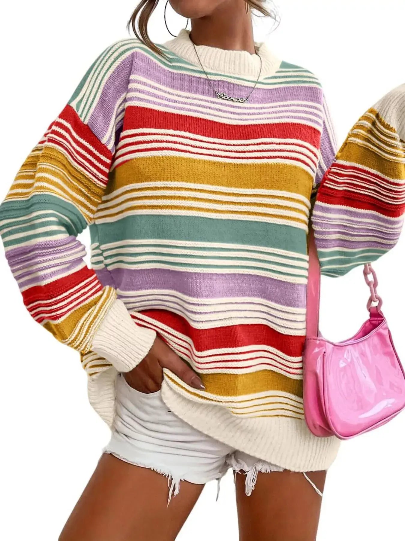 Striped Knit Long Sleeve Sweater - Trendsi - Flyclothing LLC