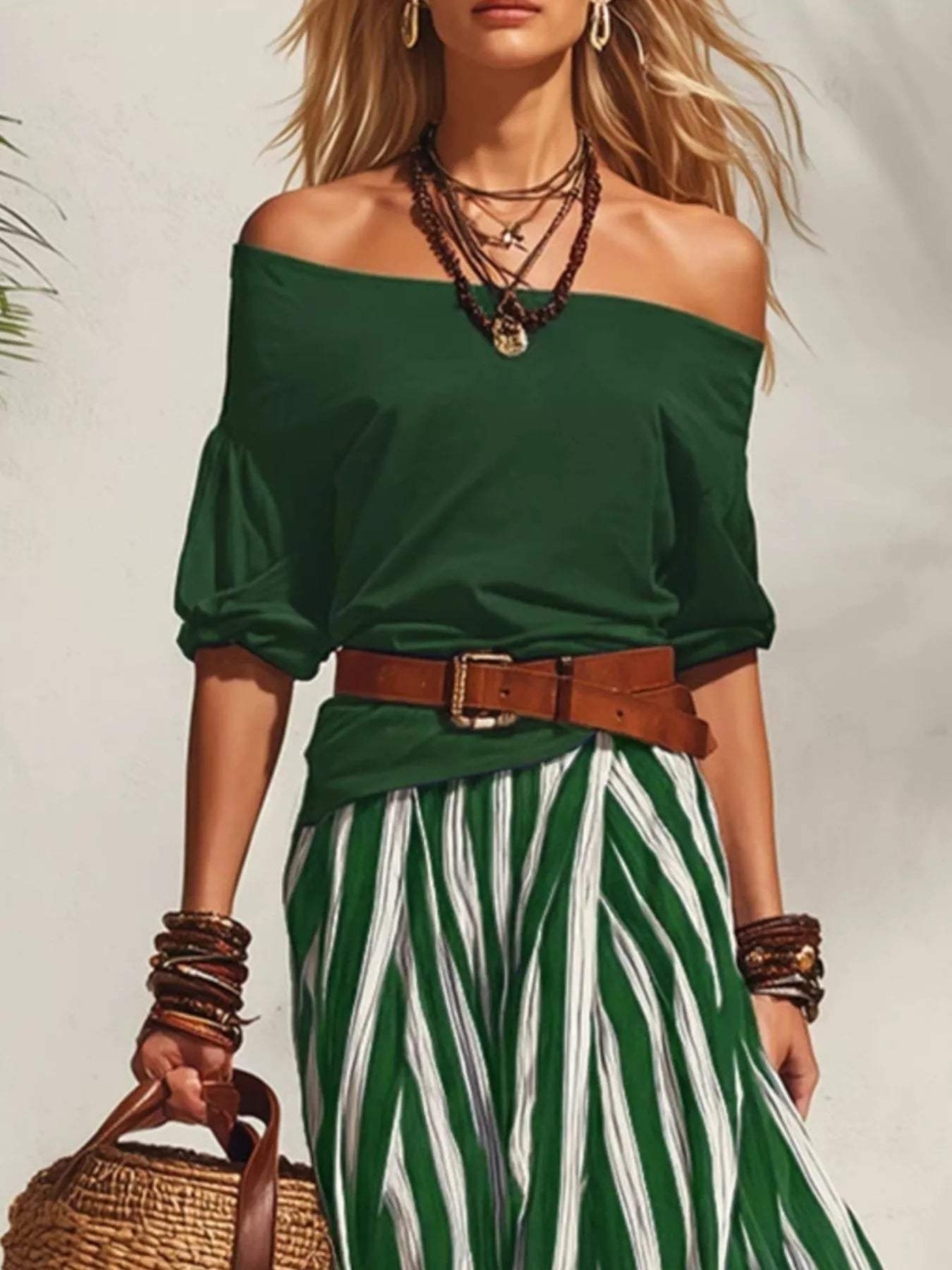 Off Shoulder Top and Striped Maxi Skirt Set - Trendsi - Flyclothing LLC