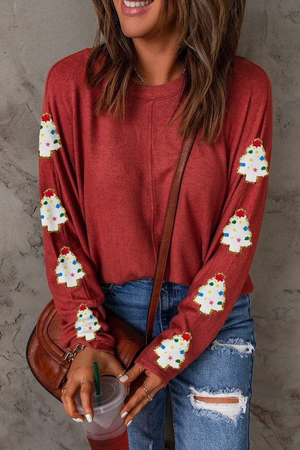 Christmas Tree Round Neck Long Sleeve Top - Trendsi - Flyclothing LLC