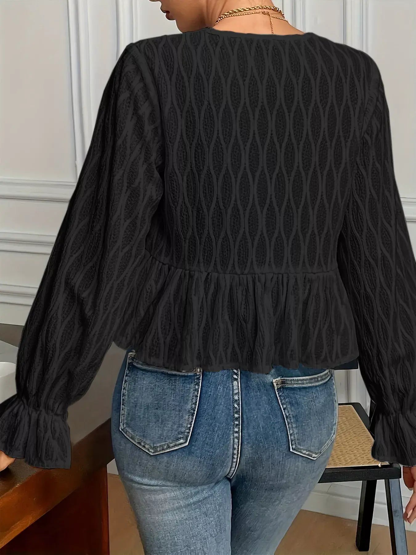 Tie Front Flounce Sleeve Blouse - Trendsi - Flyclothing LLC
