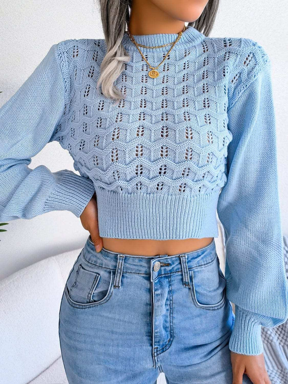 Openwork Mock Neck Long Sleeve Cropped Sweater - Trendsi - Flyclothing LLC