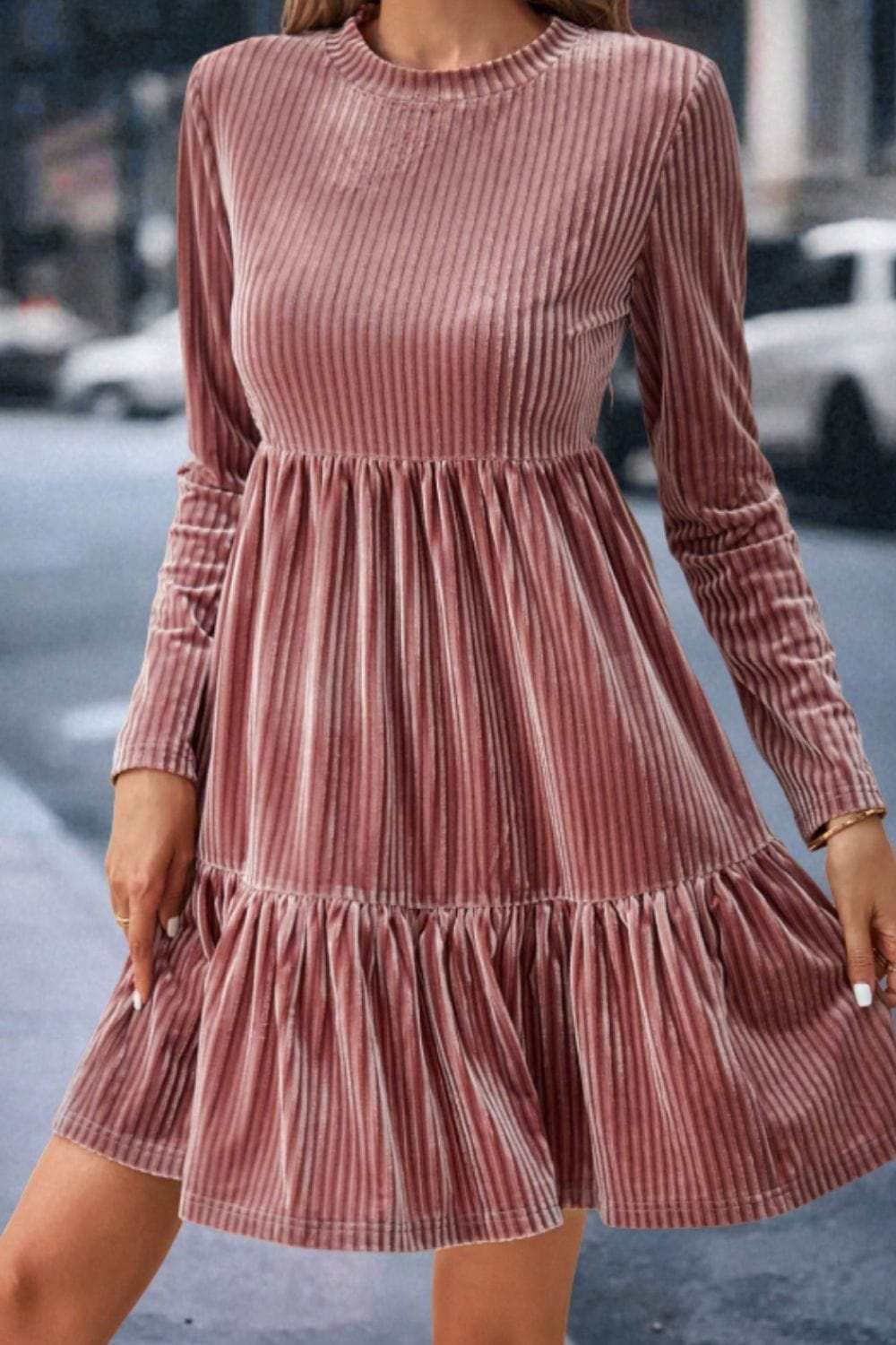 Ruffle Hem Round Neck Long Sleeve Dress - Trendsi - Flyclothing LLC