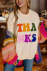 THANKS Round Neck Long Sleeve Sweatshirt - Trendsi - Flyclothing LLC