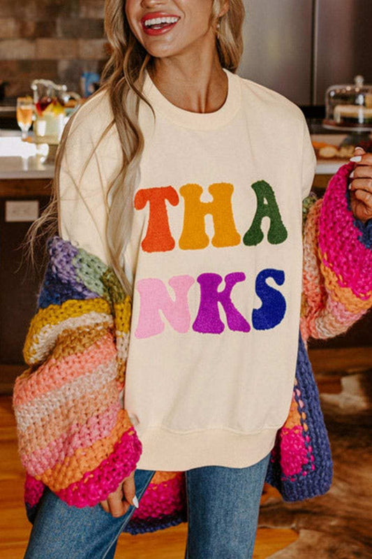 THANKS Round Neck Long Sleeve Sweatshirt - Trendsi - Flyclothing LLC