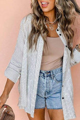 Striped Collared Neck Long Sleeve Shirt - Trendsi - Flyclothing LLC