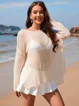 Openwork Slit Boat Neck Long Sleeve Cover-Up - Trendsi - Flyclothing LLC