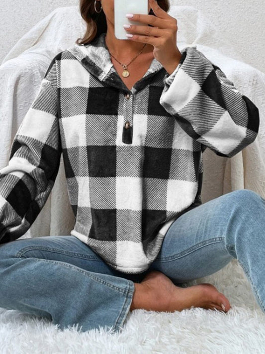 Plaid Half Button Long Sleeve Hoodie - Trendsi