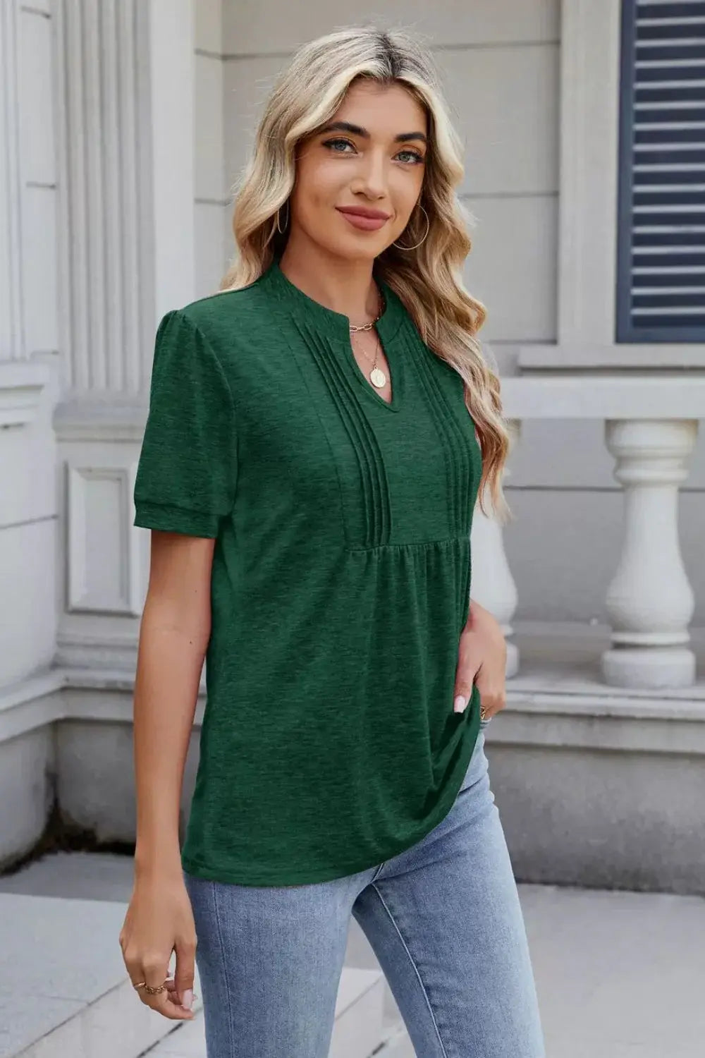 Notched Short Sleeve Top - Trendsi - Flyclothing LLC
