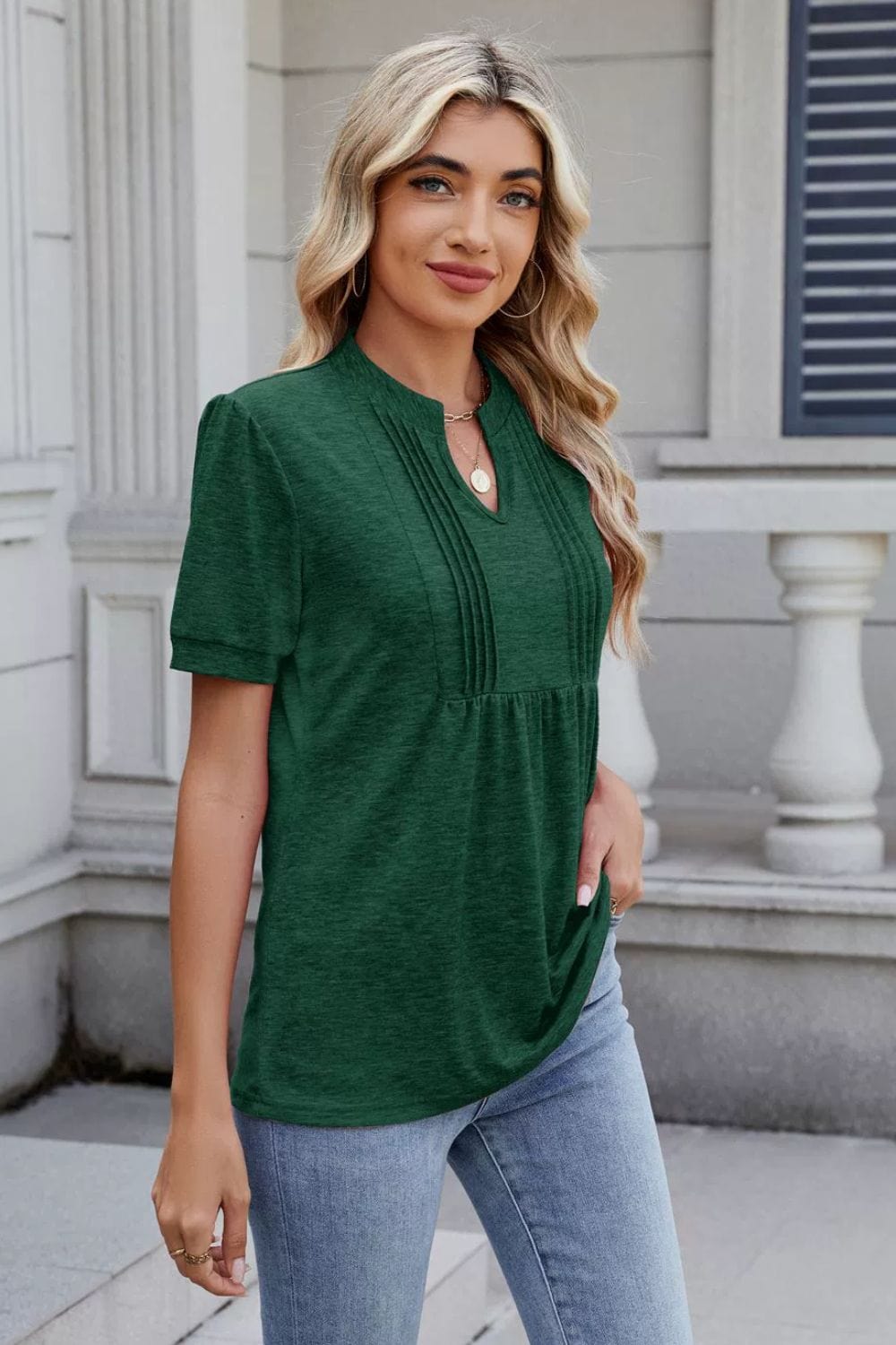 Notched Short Sleeve Top - Trendsi