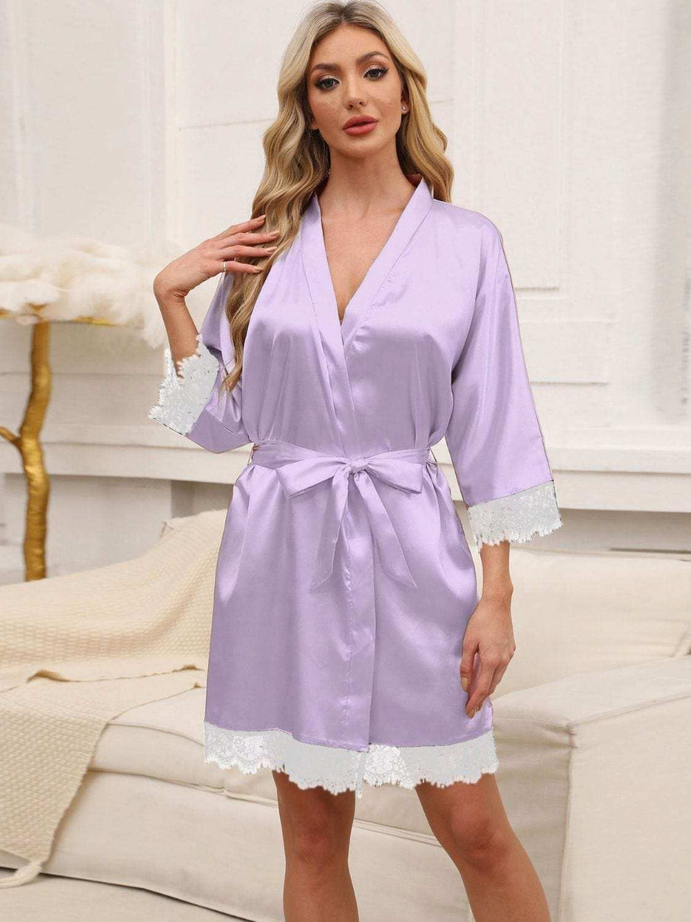 Tied Lace Detail Three-Quarter Sleeve Lounge Nightgown - Trendsi - Flyclothing LLC