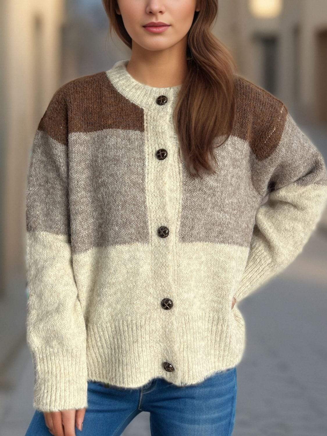 Color Block Round Neck Button Up Cardigan - Trendsi - Flyclothing LLC