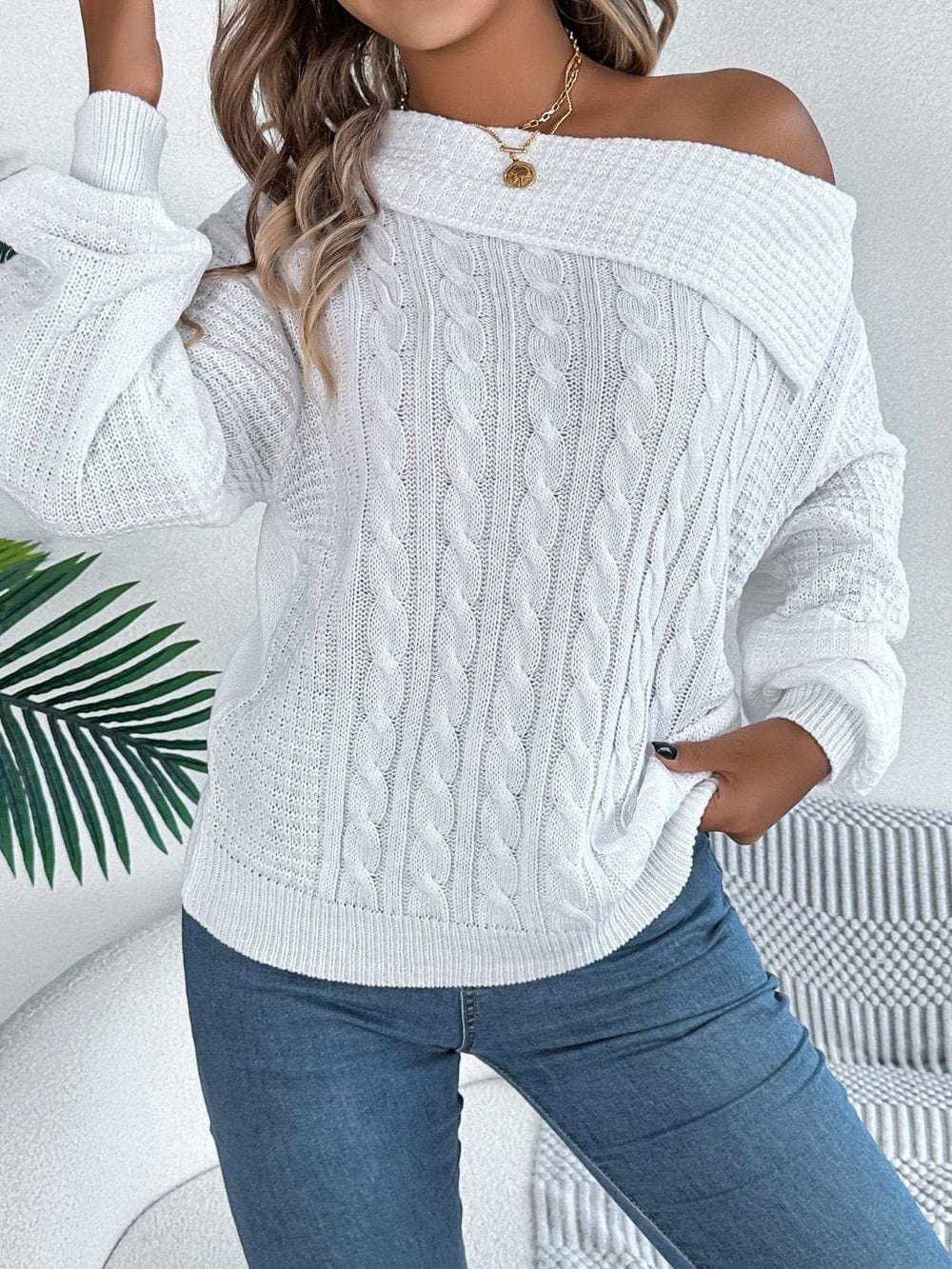 Cable-Knit One Shoulder Long Sleeve Sweater - Trendsi - Flyclothing LLC
