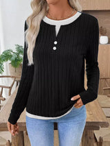 Ribbed Knit Long Sleeve Fake Two-Piece T-Shirt - Trendsi - Flyclothing LLC