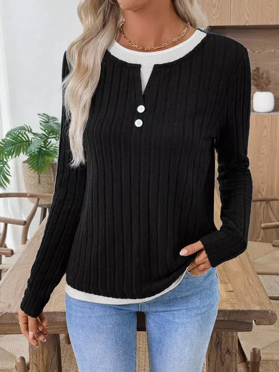 Ribbed Knit Long Sleeve Fake Two-Piece T-Shirt - Trendsi - Flyclothing LLC