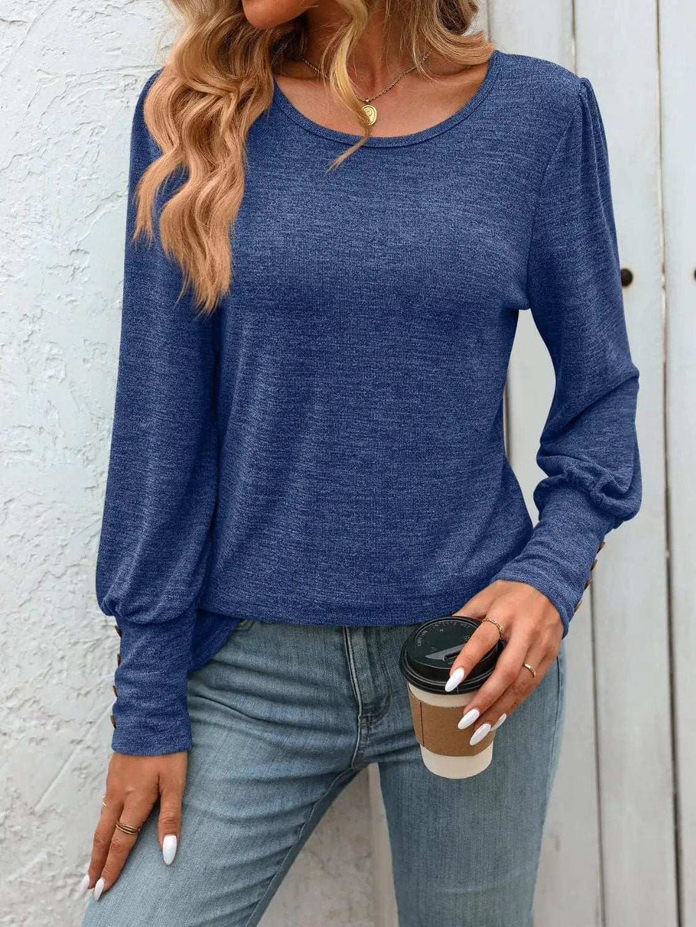 Decorative Button Round Neck Long Sleeve T-Shirt - Trendsi - Flyclothing LLC