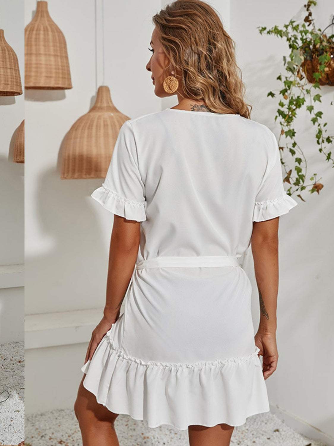 Tied Frill Short Sleeve Mini Dress - Trendsi - Flyclothing LLC