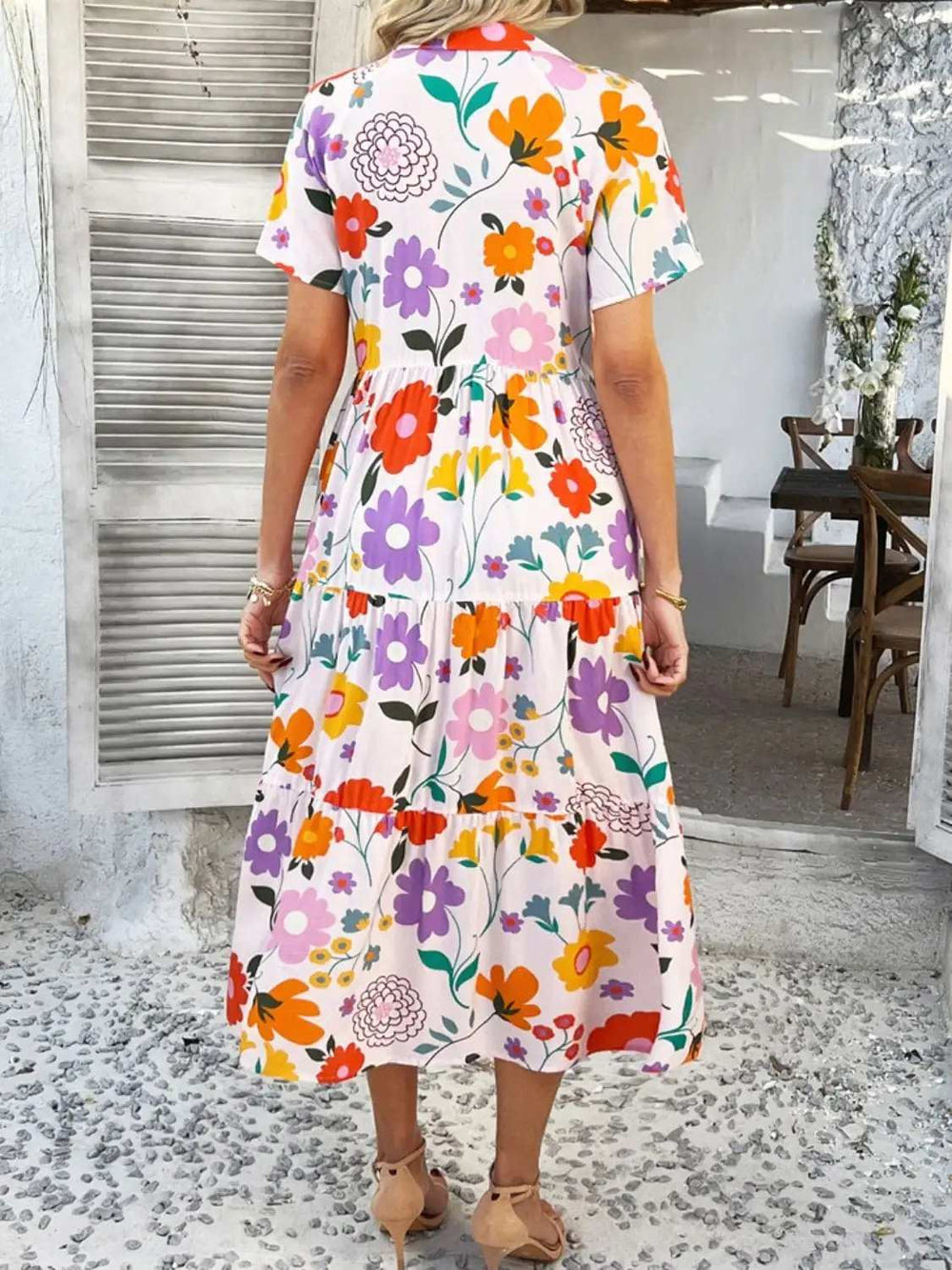 Devine Printed Johnny Collar Button Down Short Sleeve Midi Shirt Dress - Trendsi - Flyclothing LLC