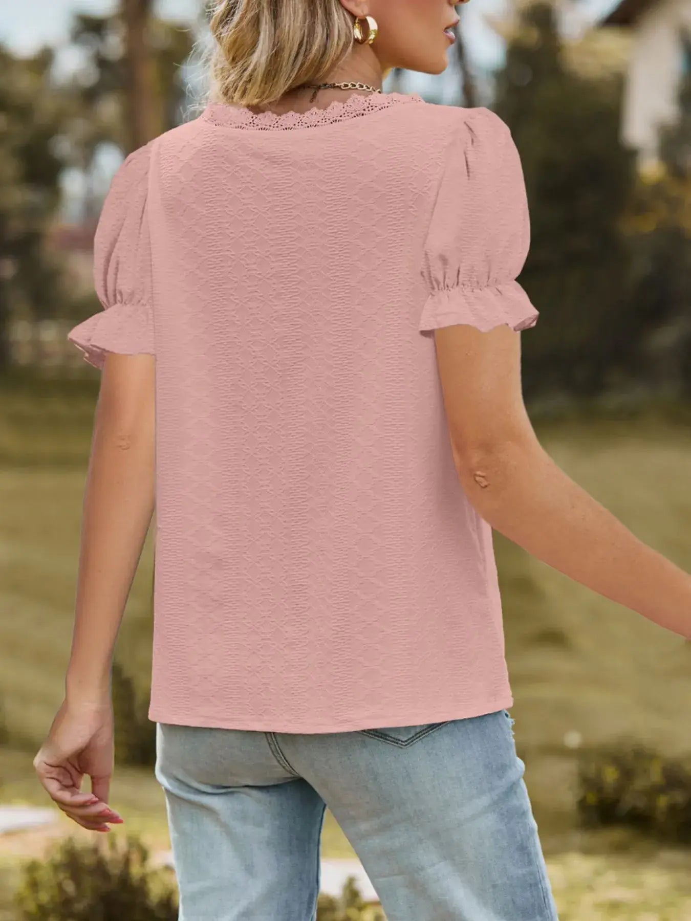 Lace Trim V-Neck Puff Sleeve Blouse - Trendsi - Flyclothing LLC