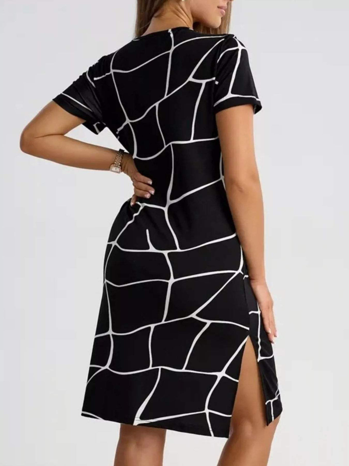Full Size Geometric Print Midi Dress with Side Slit Plus Size - Trendsi - Flyclothing LLC