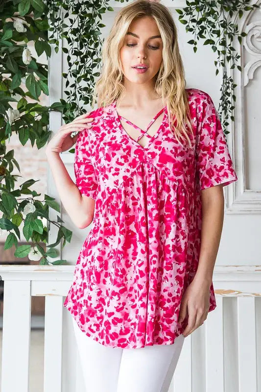 Heimish Full Size Short Sleeve Crisscross Animal Babydoll Top Plus Size - Trendsi - Flyclothing LLC