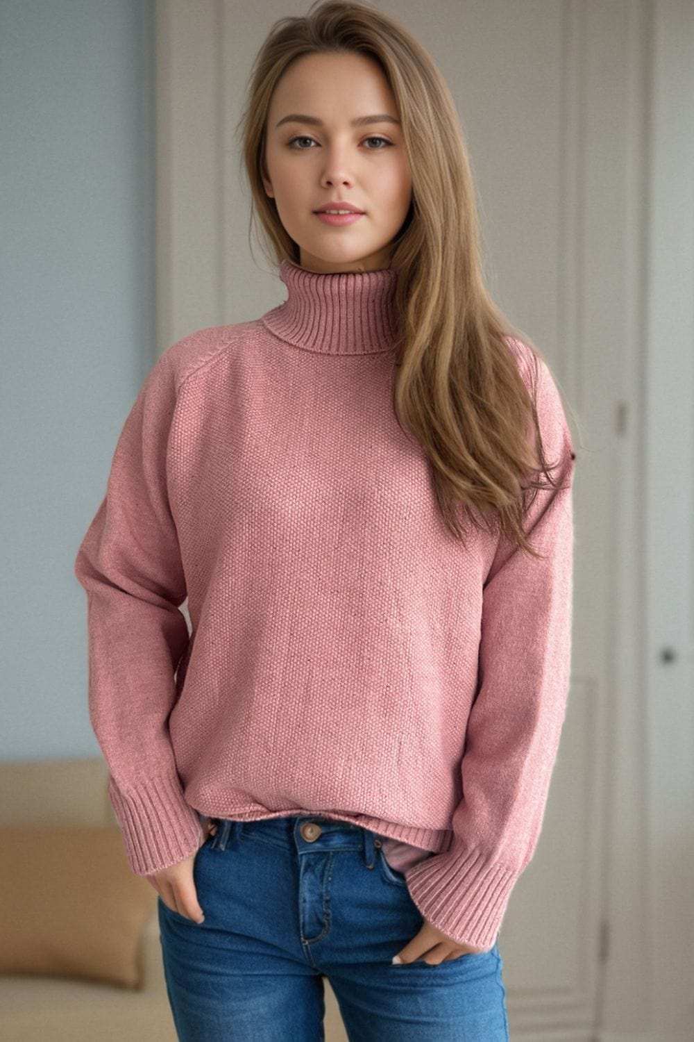 Ribbed Turtleneck Raglan Sleeve Sweater - Trendsi - Flyclothing LLC