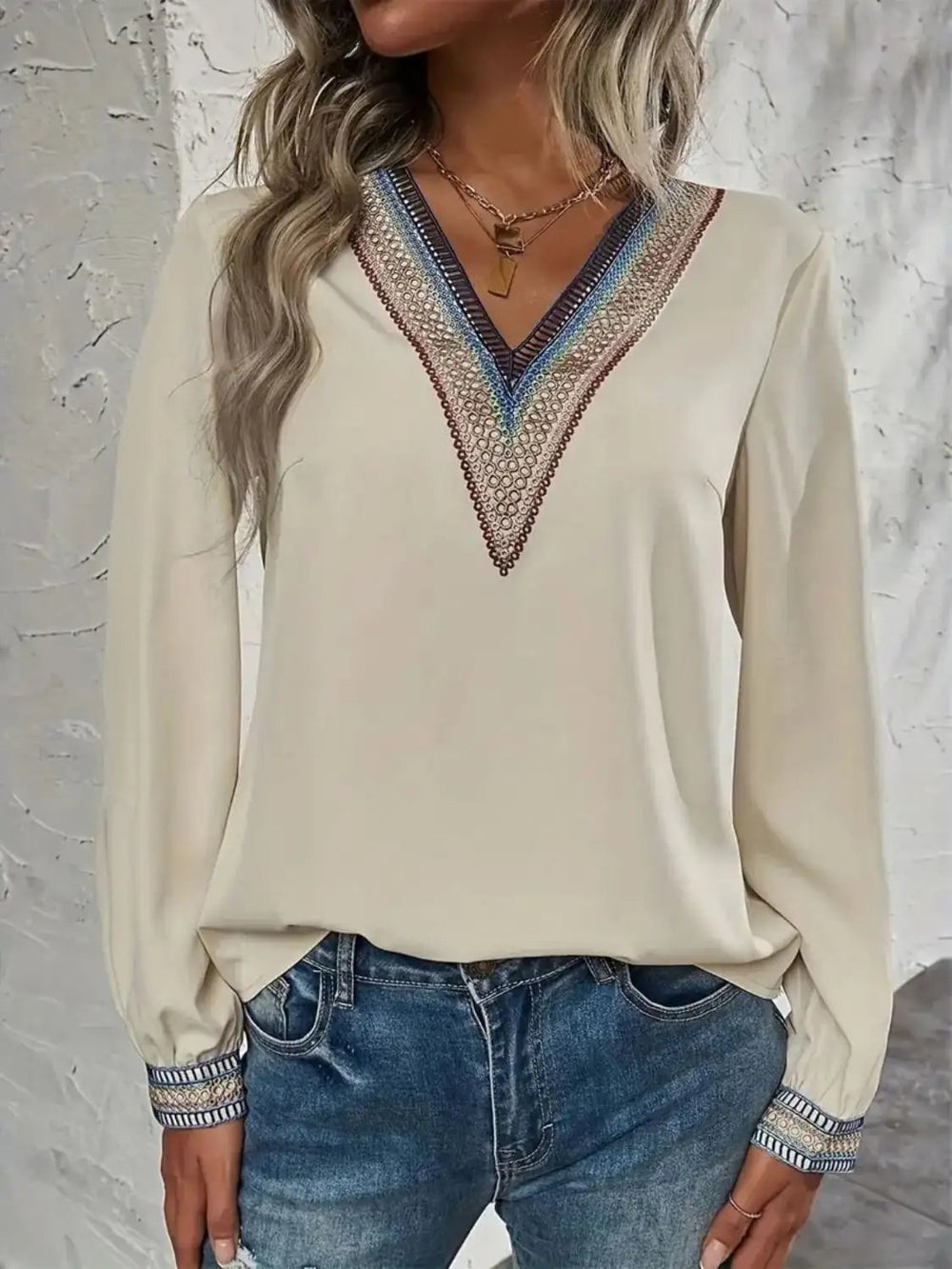 Contrast V-Neck Long Sleeve Blouse - Trendsi