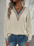 Contrast V-Neck Long Sleeve Blouse - Trendsi