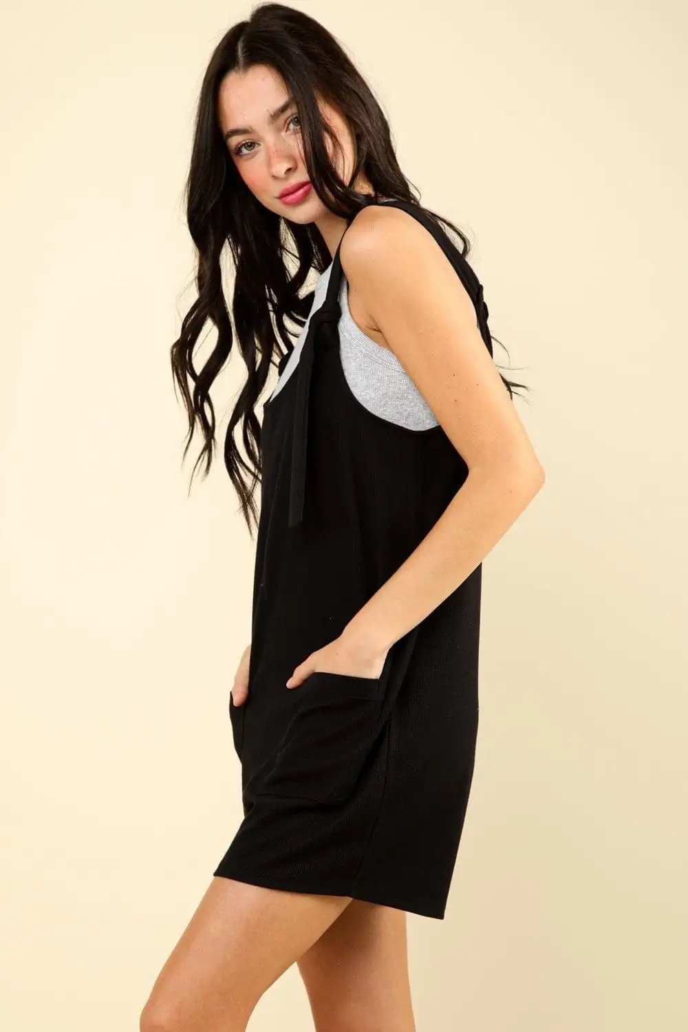 VERY J Tie Shoulder Front Pocket Romper - Trendsi - Flyclothing LLC