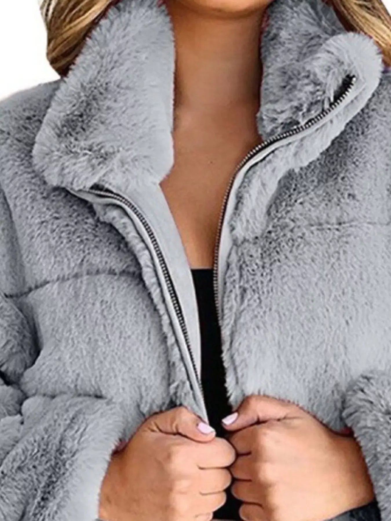 Full Size Faux Fur Cropped Zip-Up Jacket Plus Size - Trendsi - Flyclothing LLC