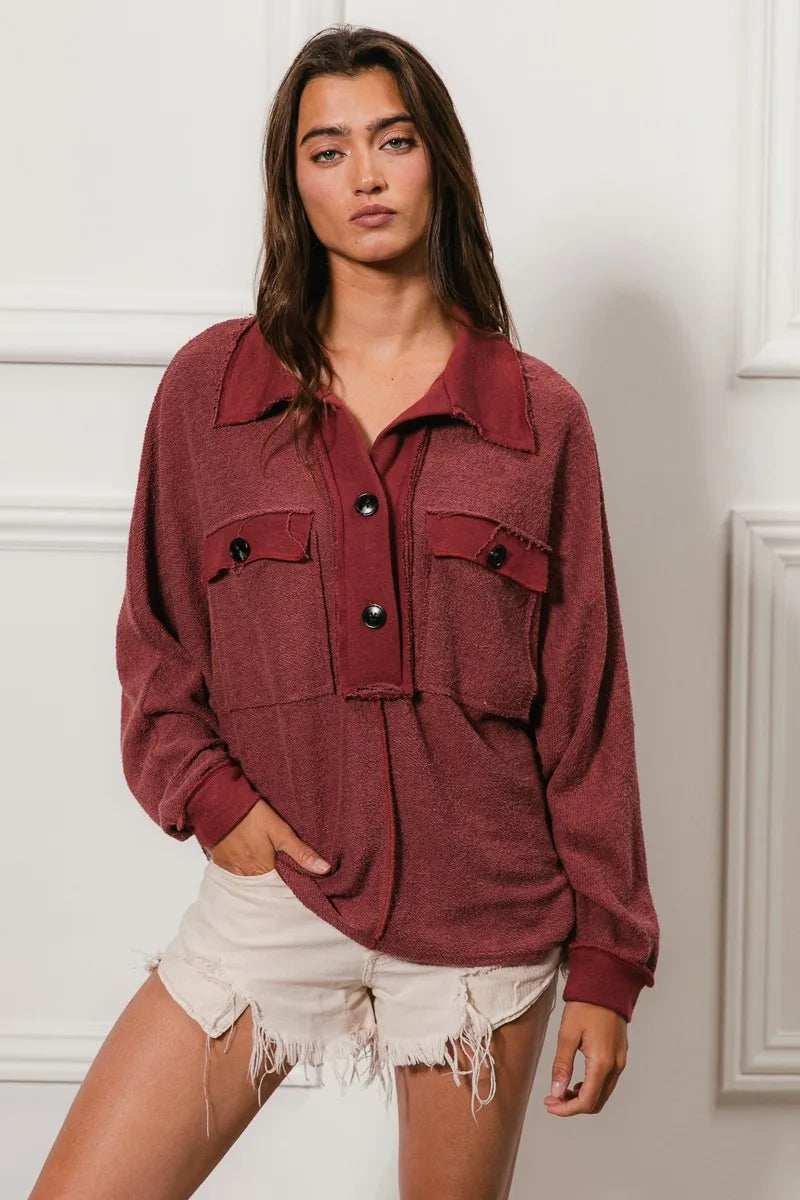 BiBi Cp French Terry Cut Edge Detail Collared Top - Trendsi - Flyclothing LLC