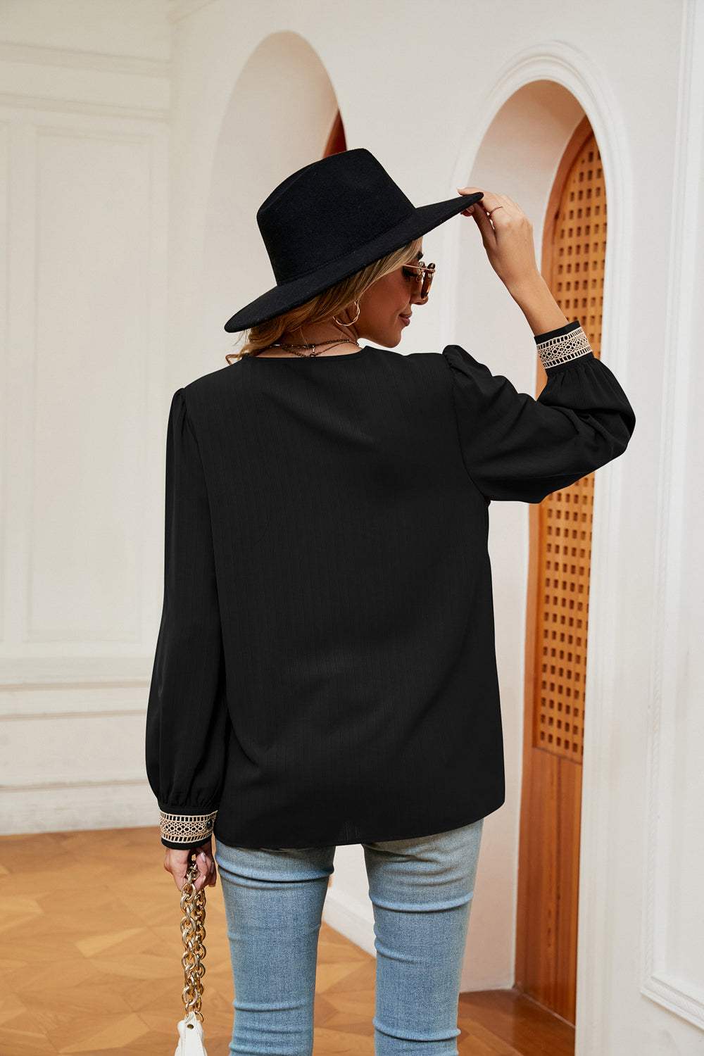 Contrast Puff Sleeve Blouse - Trendsi - Flyclothing LLC