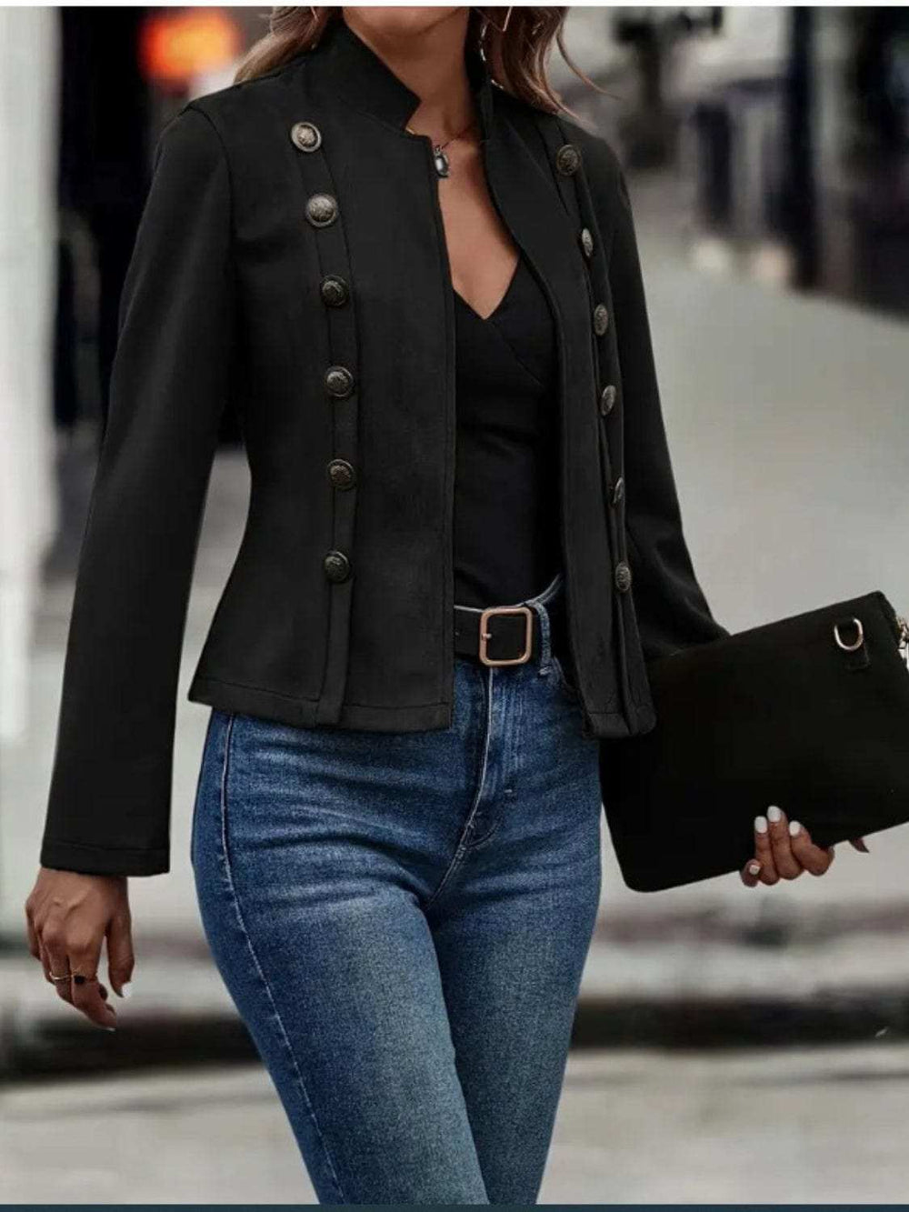 Decorative Button Open Front Long Sleeve Jacket - Trendsi - Flyclothing LLC