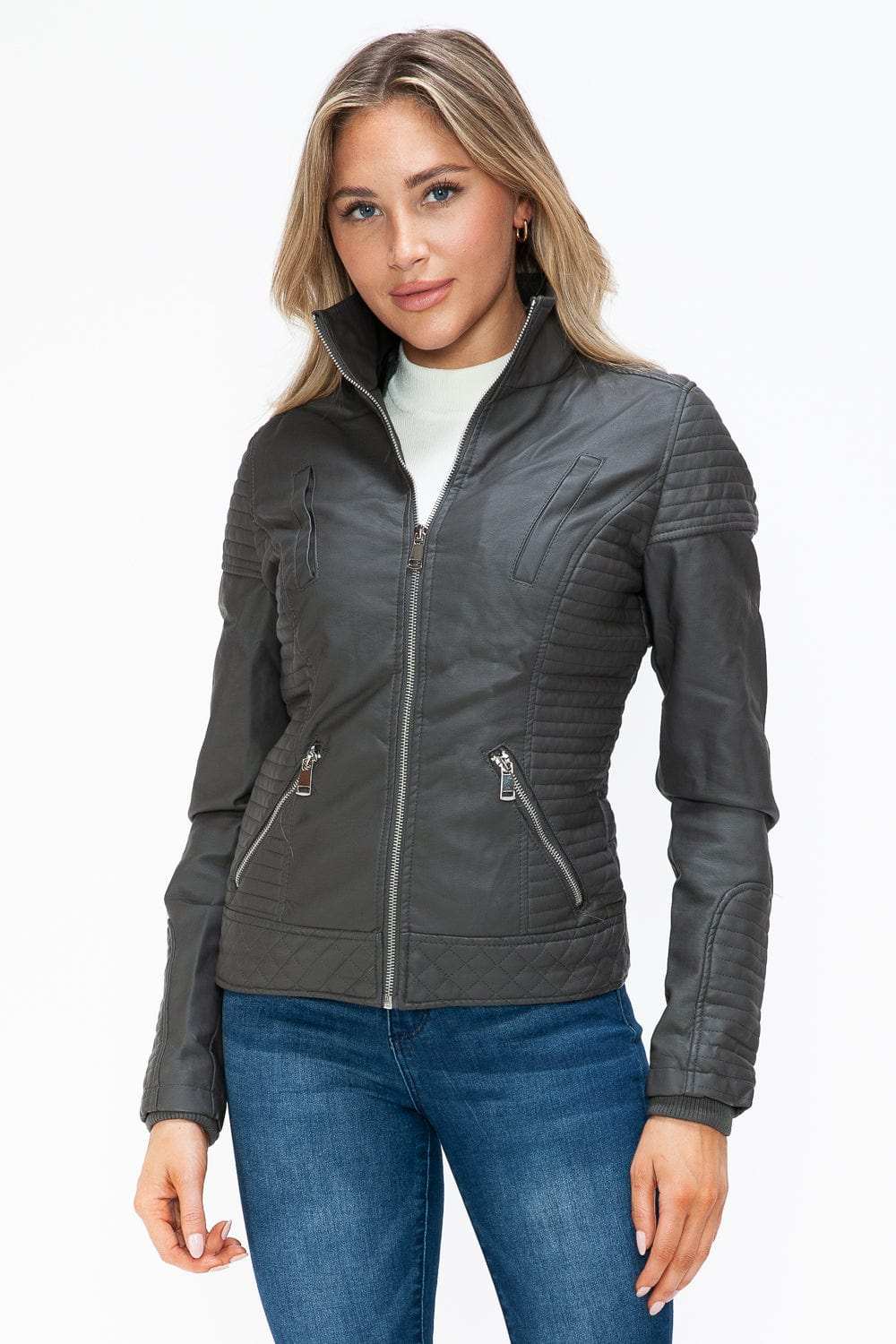 YMI Faux Layered Double-Zipper Jacket with Fuzzy Hood - Trendsi - Flyclothing LLC