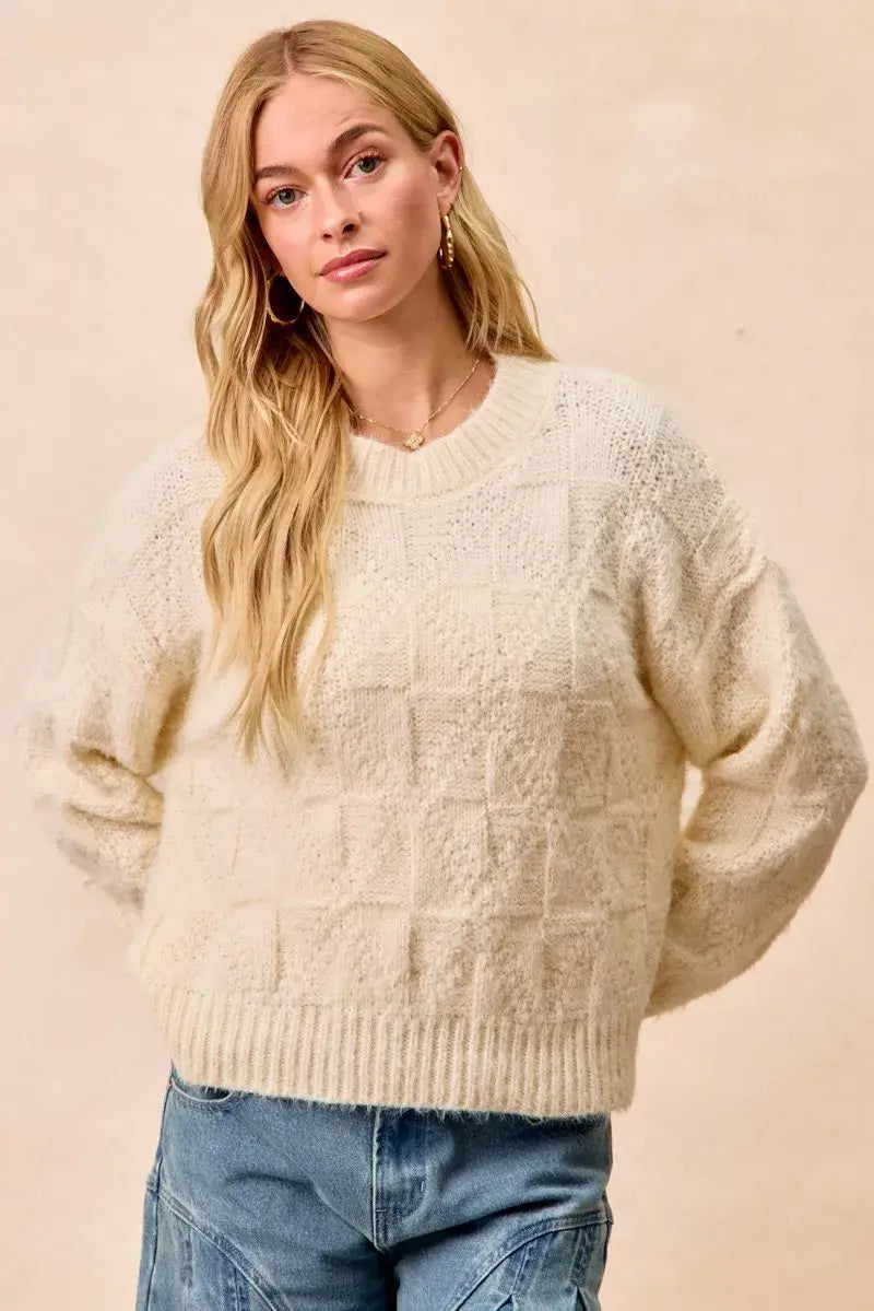 BiBi Checker Board Drop Shoulder Sweater - Trendsi - Flyclothing LLC