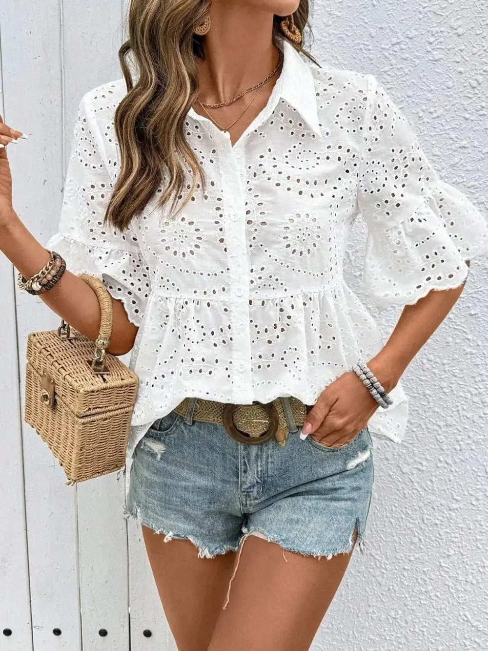 Eyelet Solid Collared Neck Half Sleeve Shirt - Trendsi - Flyclothing LLC