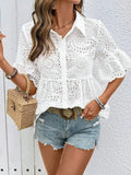 Eyelet Solid Collared Neck Half Sleeve Shirt - Trendsi