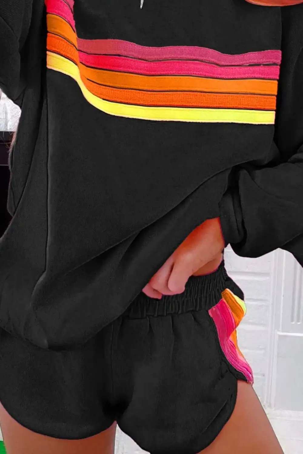 Full Size Contrast Striped Round Neck Top and Shorts Set - Trendsi - Flyclothing LLC