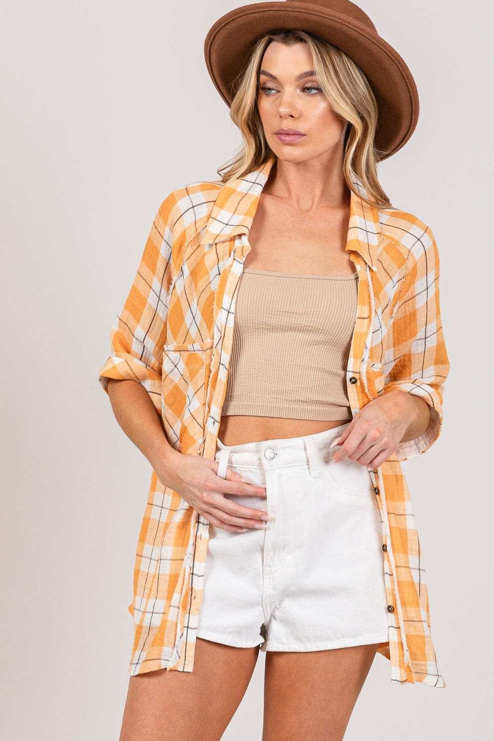 SAGE + FIG Plaid Button Up Side Slit Shirt - Trendsi - Flyclothing LLC