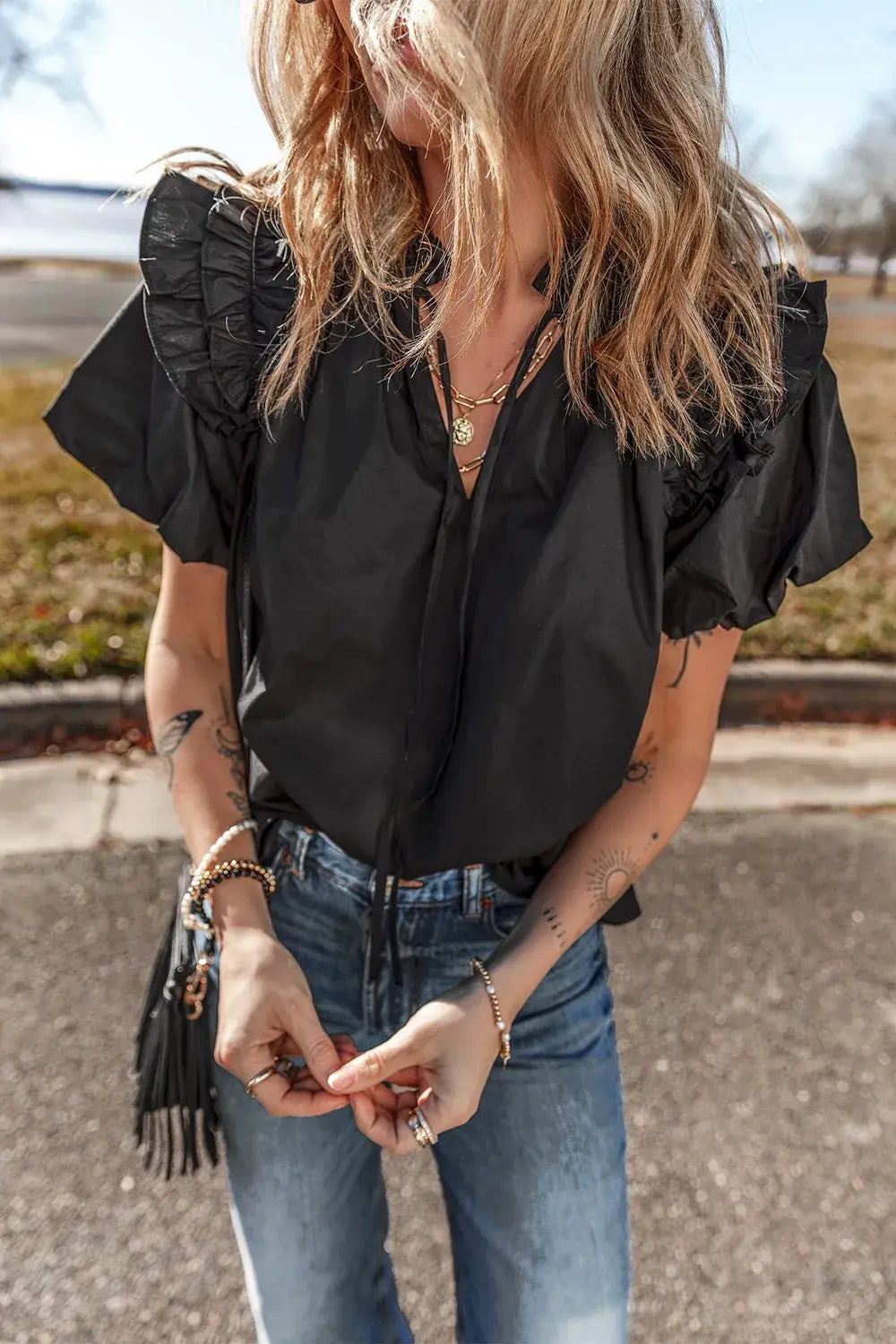 Ruffled Puff Short Sleeve Loose Blouse - Trendsi - Flyclothing LLC