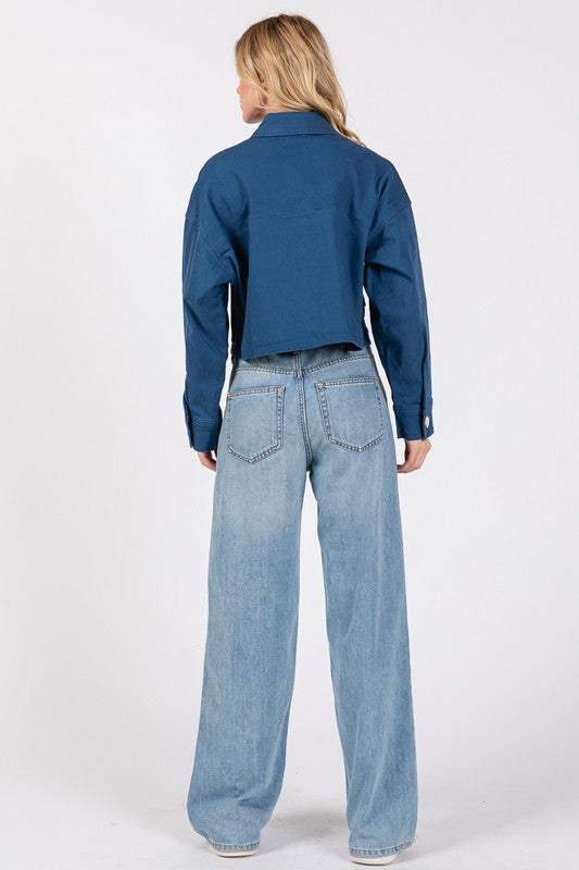 bytos Button Down Cropped Denim Jacket with Patch Pockets - Trendsi - Flyclothing LLC