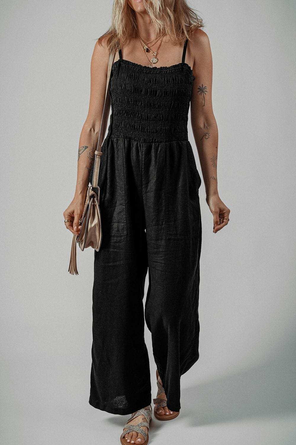 Smocked Spaghetti Straps Wide Leg Jumpsuit - Trendsi - Flyclothing LLC