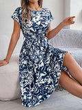 Tied Pleated Printed Short Sleeve Dress - Trendsi