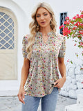 Ruched Printed Notched Short Sleeve Blouse - Trendsi - Flyclothing LLC
