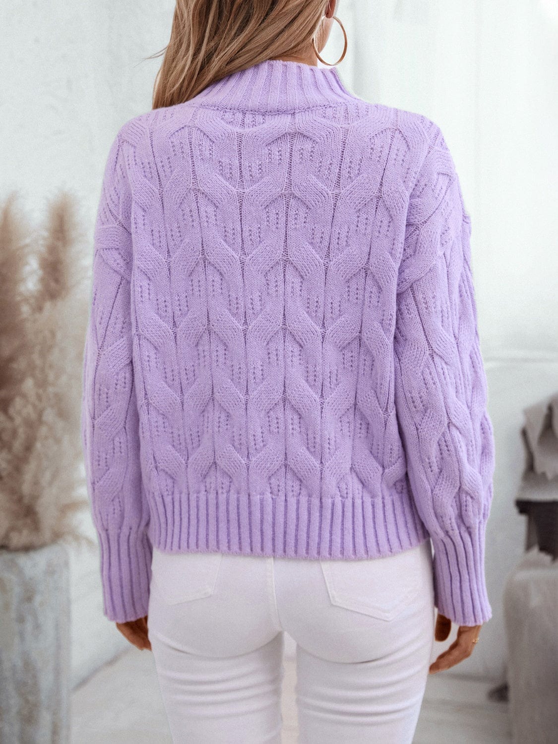 Cable Knit Mock Neck Long Sleeve Sweater - Trendsi