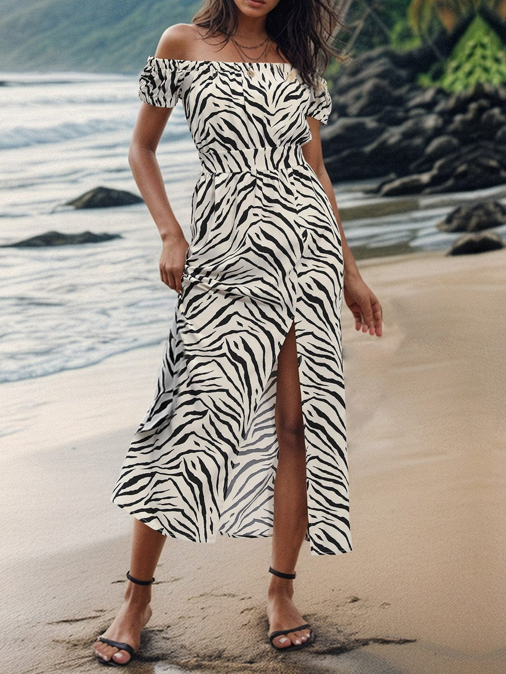 Slit Animal Print Off-Shoulder Midi Dress - Trendsi