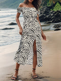 Slit Animal Print Off-Shoulder Midi Dress - Trendsi