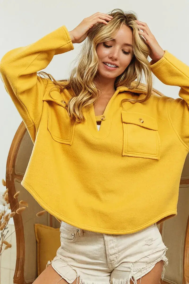 BiBi Flap Pockets Fleece Collared Sweatshirt - Trendsi - Flyclothing LLC