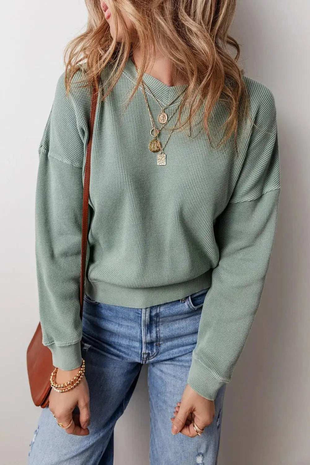Waffle-Knit Long Sleeve Dropped Shoulder Top - Trendsi - Flyclothing LLC