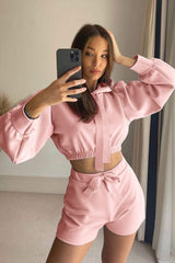 Drawstring Long Sleeve Hooded Top and Shorts Set - Trendsi - Flyclothing LLC